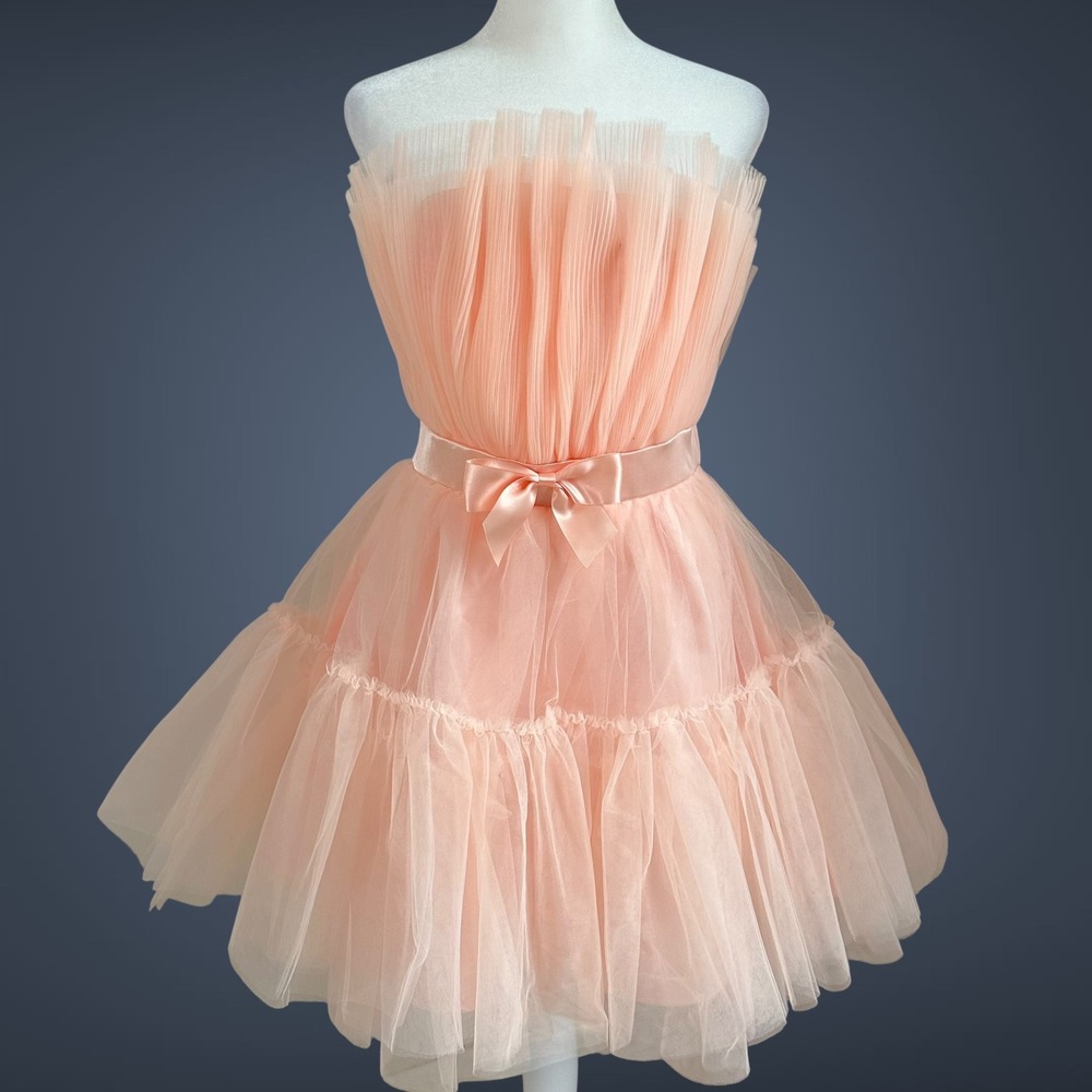 Peach Tulle Pleated Mini Dress Strapless Coquette Balletcore Party Dress Size M